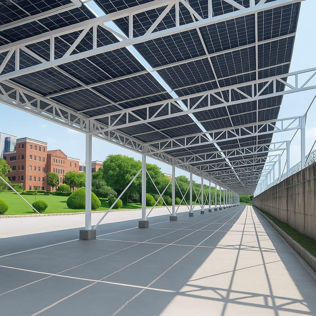 Solar panel canopy on a steel frame over a walkway at COMSATS University Islamabad